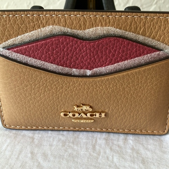 Coach: Tan Slim Credit Card Holder with Pink Lips- Wallet - Picture 10 of 16